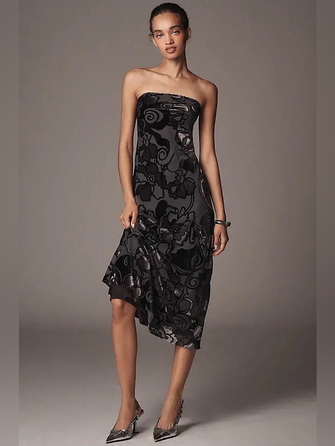 New By Anthropologie Strapless Velvet Burnout Dress Black Nwt Women’s Medium